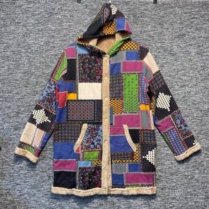 VTG Boho Patchwork Hooded Coat Plush Fleece Lined Jacket Hemp Bandana Women XL